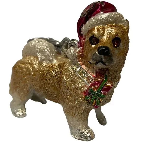 Dog Terrier Red Hat Rhinestone Necklace Gift Enamel Christmas Ornament